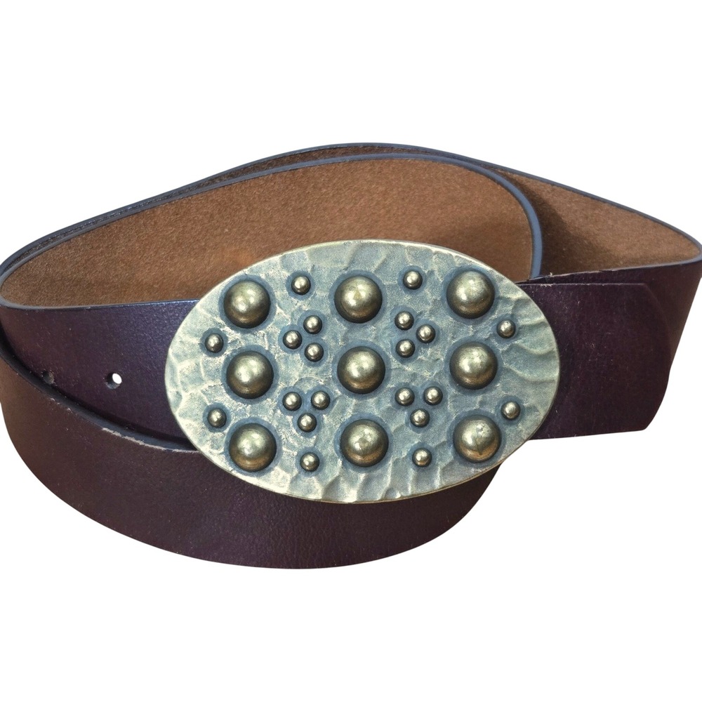 Nine West Belt Women XL Brown Leather Hammered Studded Large Oval Buckle Western